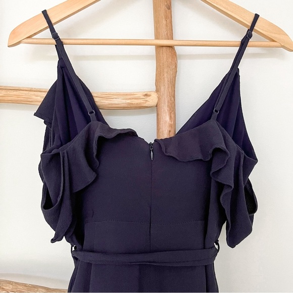 [bardot] ruffle flutter cold shoulder wrap waist tie midi dress navy blue XS - Picture 7 of 9
